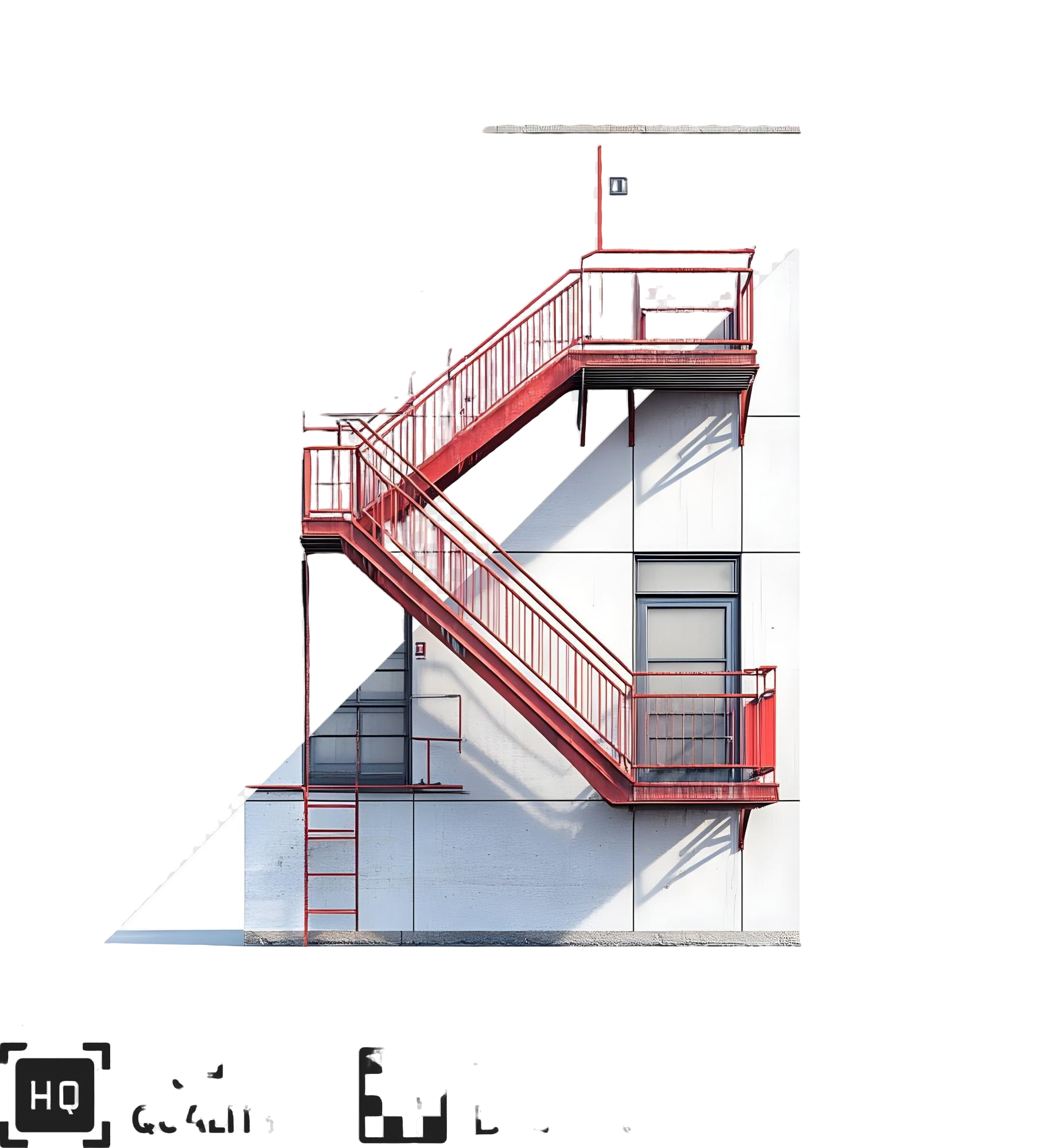 red-steel-fire-escape-with-two-landings-two-windows-isolated-transparent-background